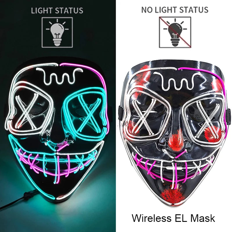 Wireless Neon LED Purge Mask Glow in the Dark Cosplay Horror Mask Halloween Masquerade Party Masks Glowing Funny Dress Up