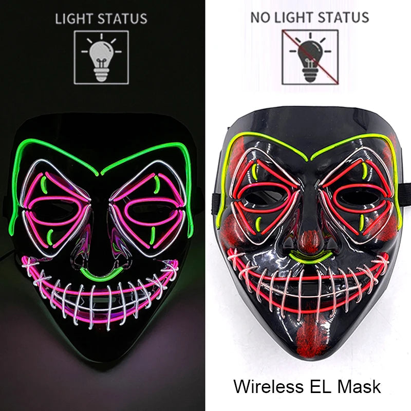 Wireless Neon LED Purge Mask Glow in the Dark Cosplay Horror Mask Halloween Masquerade Party Masks Glowing Funny Dress Up