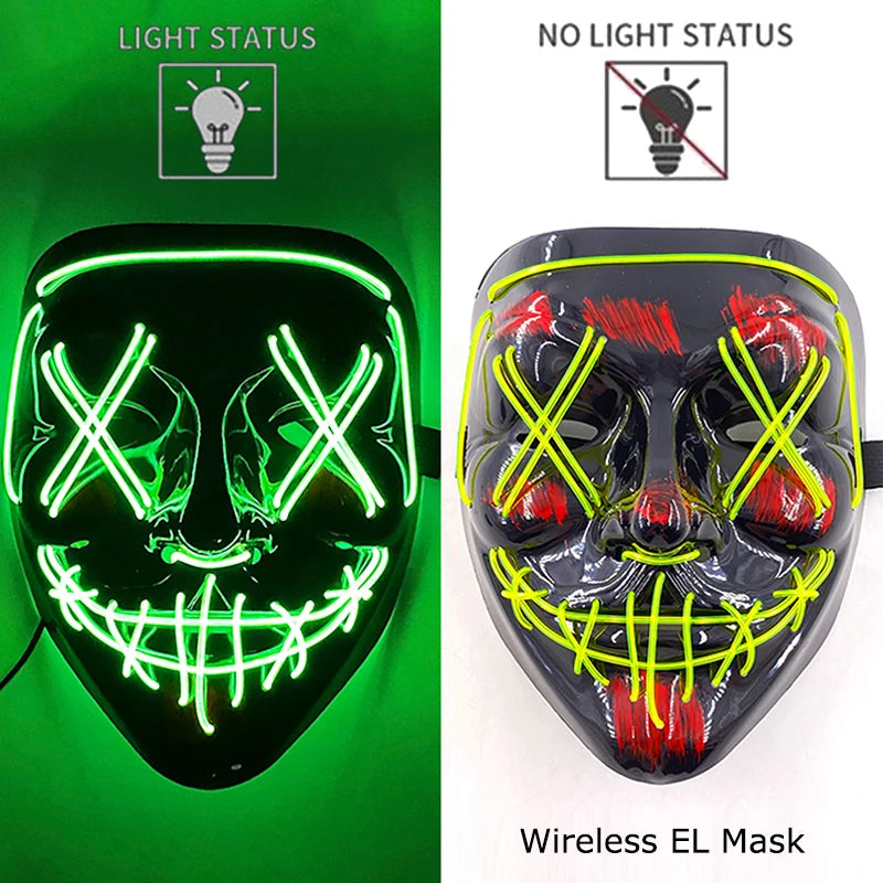 Wireless Neon LED Purge Mask Glow in the Dark Cosplay Horror Mask Halloween Masquerade Party Masks Glowing Funny Dress Up