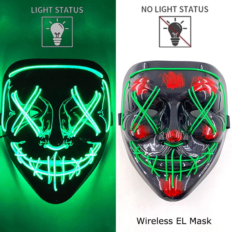 Wireless Neon LED Purge Mask Glow in the Dark Cosplay Horror Mask Halloween Masquerade Party Masks Glowing Funny Dress Up