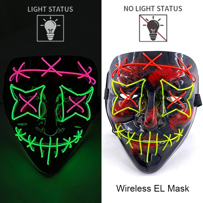 Wireless Neon LED Purge Mask Glow in the Dark Cosplay Horror Mask Halloween Masquerade Party Masks Glowing Funny Dress Up