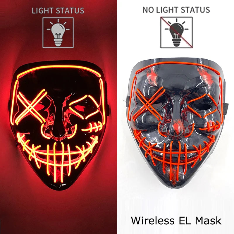 Wireless Neon LED Purge Mask Glow in the Dark Cosplay Horror Mask Halloween Masquerade Party Masks Glowing Funny Dress Up