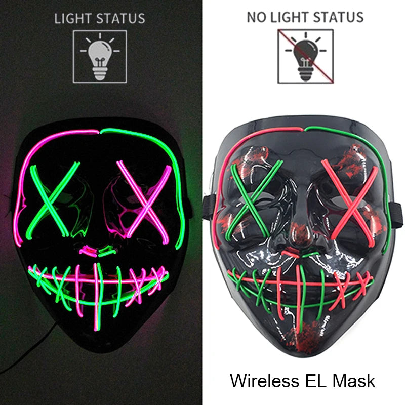 Wireless Neon LED Purge Mask Glow in the Dark Cosplay Horror Mask Halloween Masquerade Party Masks Glowing Funny Dress Up