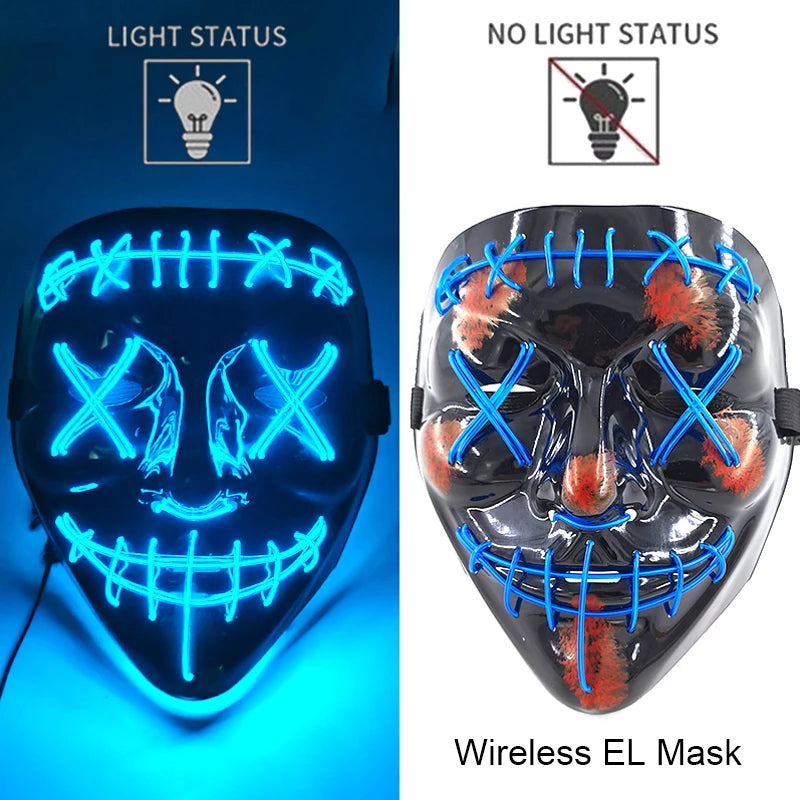 Wireless Neon LED Purge Mask Glow in the Dark Cosplay Horror Mask Halloween Masquerade Party Masks Glowing Funny Dress Up