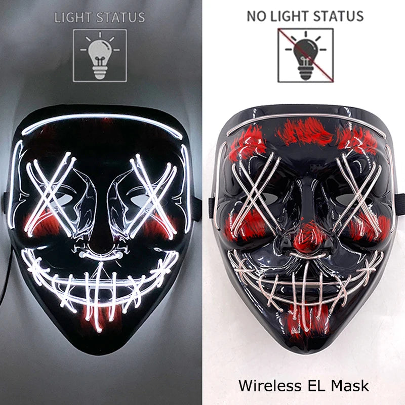 Wireless Neon LED Purge Mask Glow in the Dark Cosplay Horror Mask Halloween Masquerade Party Masks Glowing Funny Dress Up