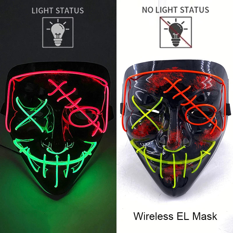 Wireless Neon LED Purge Mask Glow in the Dark Cosplay Horror Mask Halloween Masquerade Party Masks Glowing Funny Dress Up