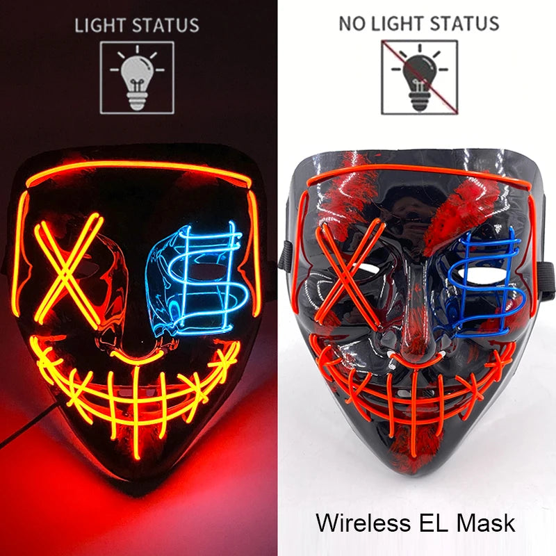 Wireless Neon LED Purge Mask Glow in the Dark Cosplay Horror Mask Halloween Masquerade Party Masks Glowing Funny Dress Up