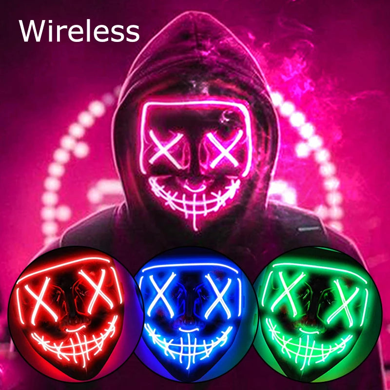 Wireless Neon LED Purge Mask Glow in the Dark Cosplay Horror Mask Halloween Masquerade Party Masks Glowing Funny Dress Up