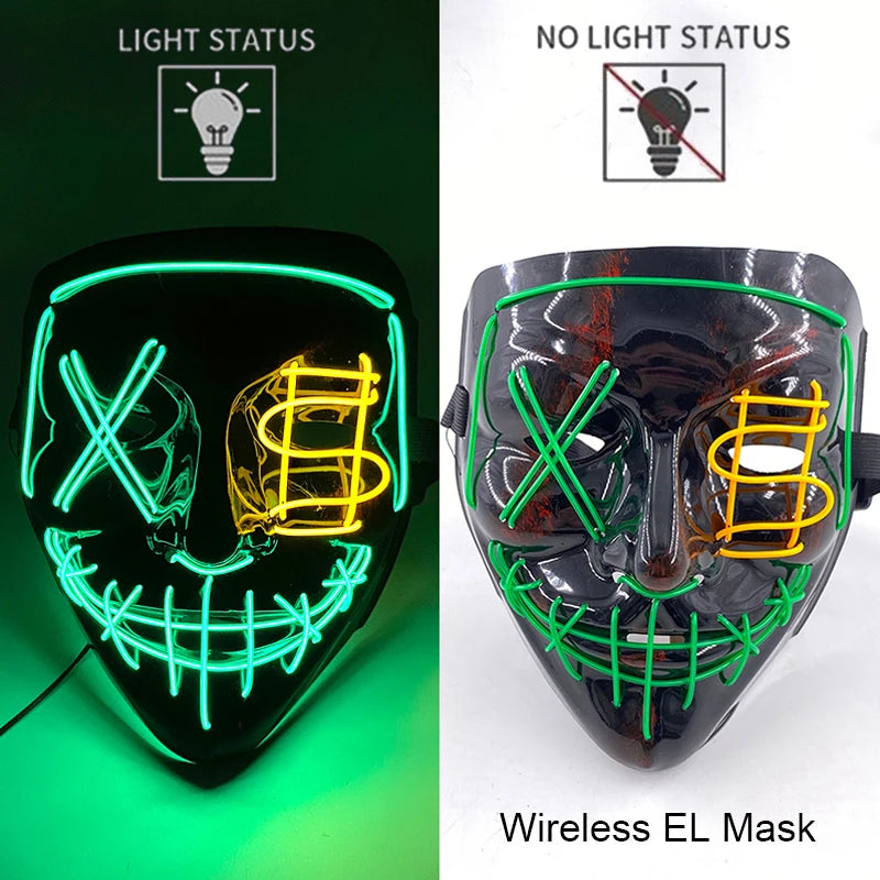 Wireless Neon LED Purge Mask Glow in the Dark Cosplay Horror Mask Halloween Masquerade Party Masks Glowing Funny Dress Up