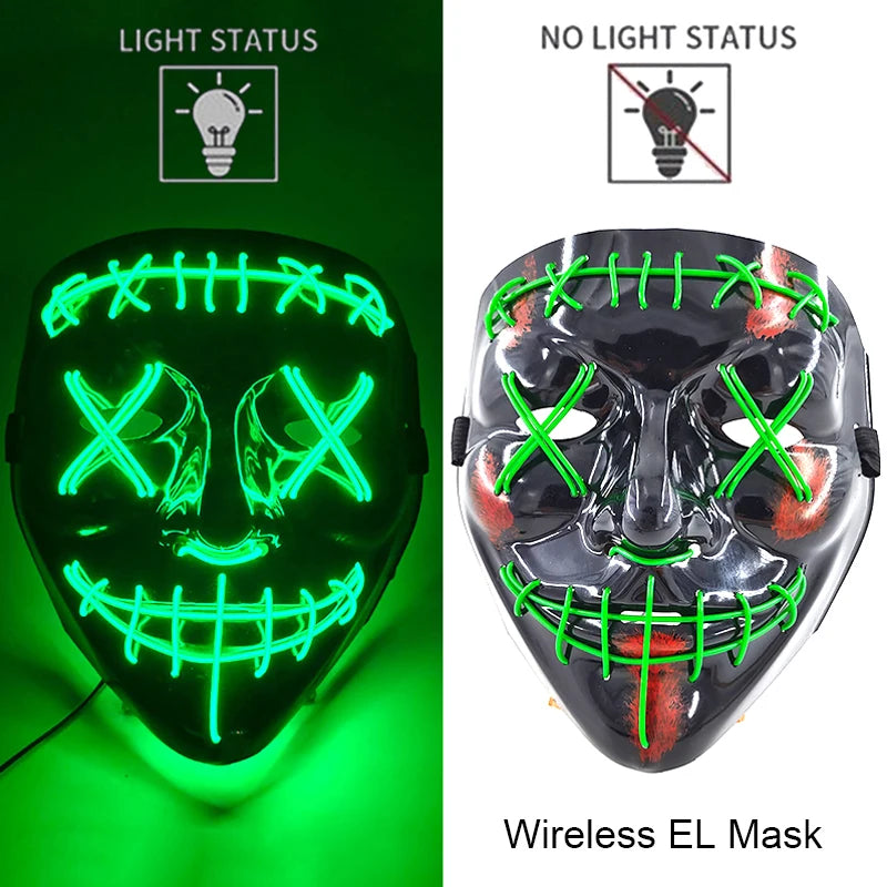 Wireless Neon LED Purge Mask Glow in the Dark Cosplay Horror Mask Halloween Masquerade Party Masks Glowing Funny Dress Up