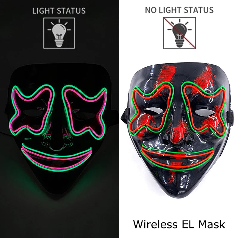 Wireless Neon LED Purge Mask Glow in the Dark Cosplay Horror Mask Halloween Masquerade Party Masks Glowing Funny Dress Up