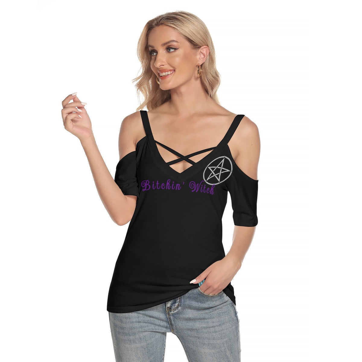 Bitchin Witch Cold Shoulder T-shirt with Cross Strips