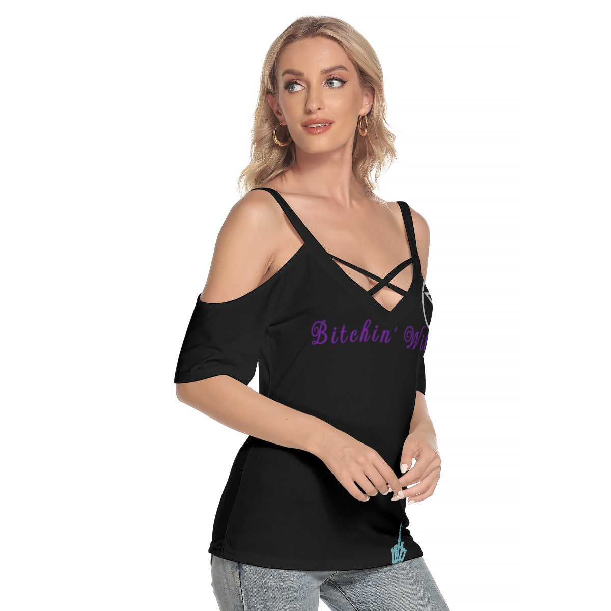 Bitchin Witch Cold Shoulder T-shirt with Cross Strips